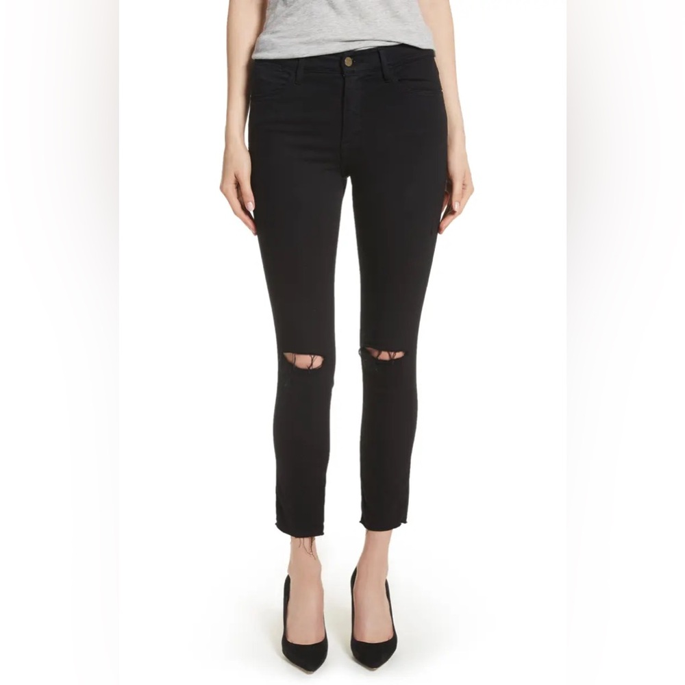 FRAME Le High Skinny Crop Black Distressed Jeans Size 32 Raw‎ Hem Stretch Denim
